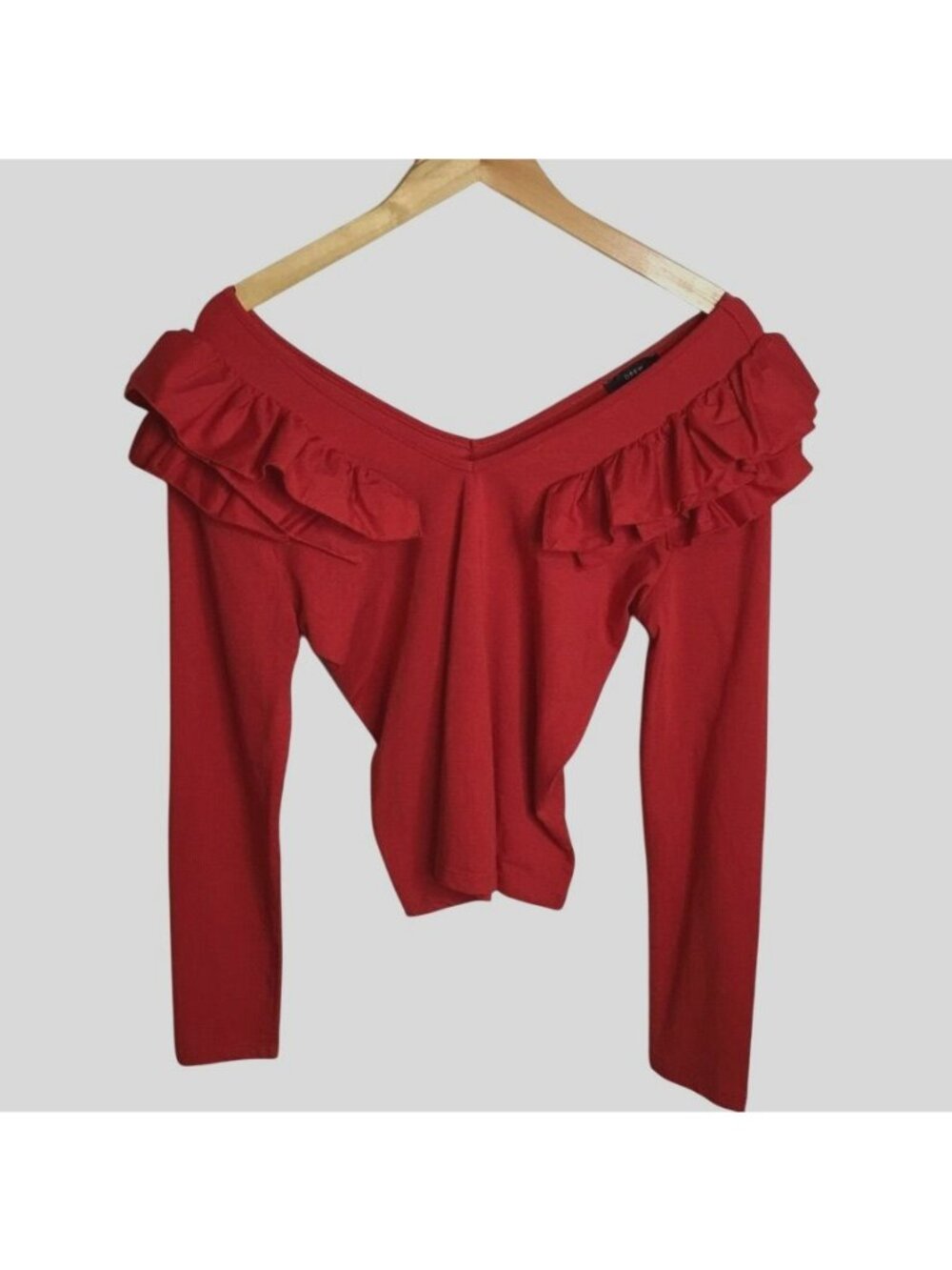Drew for Anthropologie Red Ruffle Off The Shoulder V-Neck Stretch Knit Top S